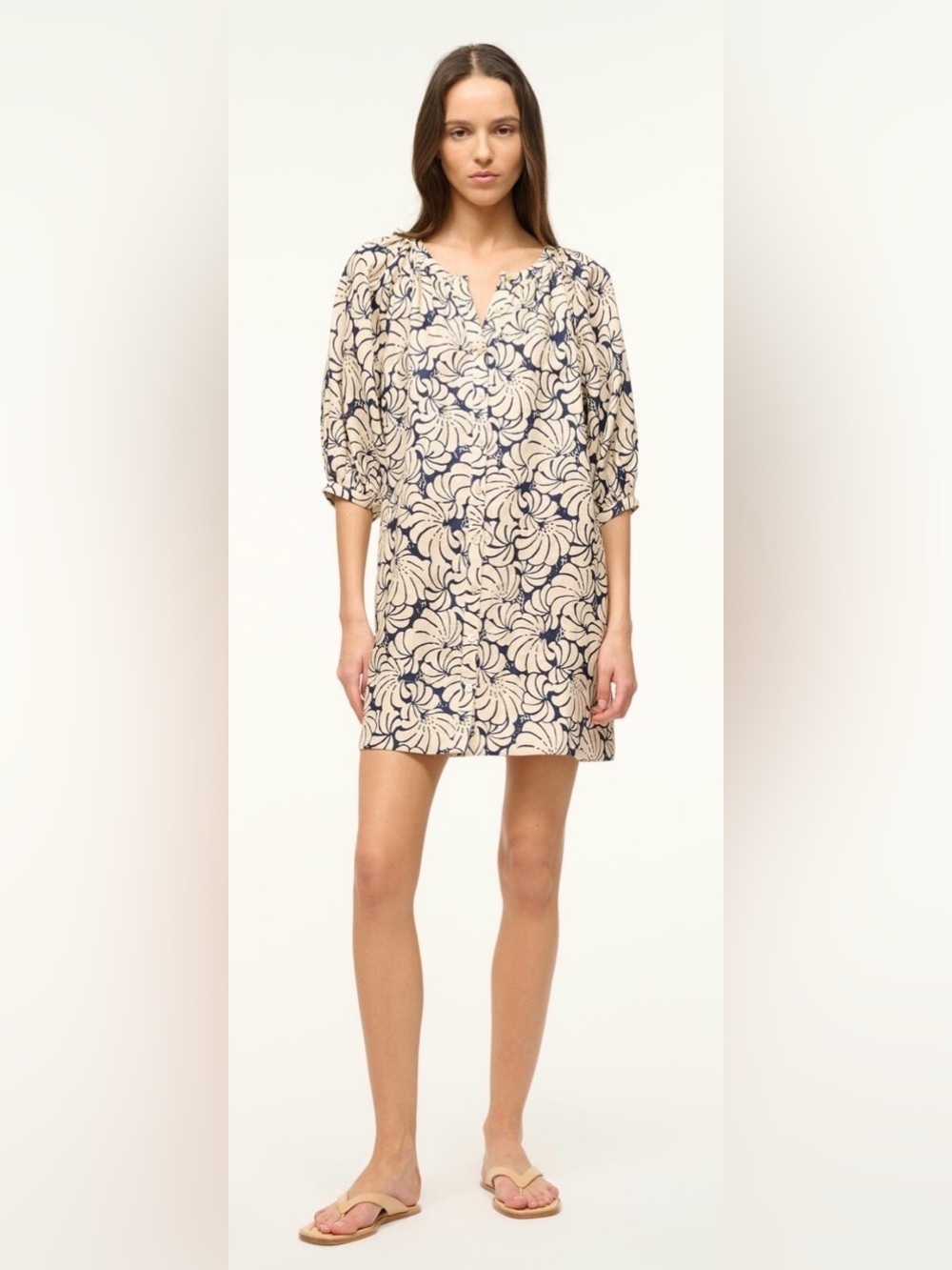 STAUD MINI VINCENT DRESS NAVY SCALLOP BLOCK PRINT